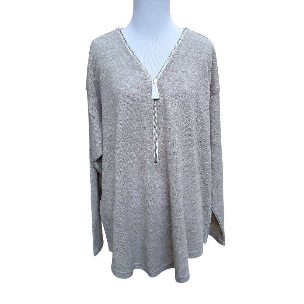 Soft Surroundings Tan Lightweight Knit Sweater Top Gold Zipper Neck Sz 1X